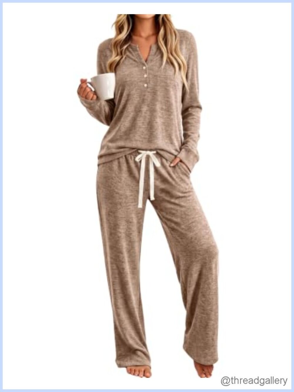 Women's 2-Piece Pajama Set Long Sleeve Henley Top Wide Leg Pants Lounge
